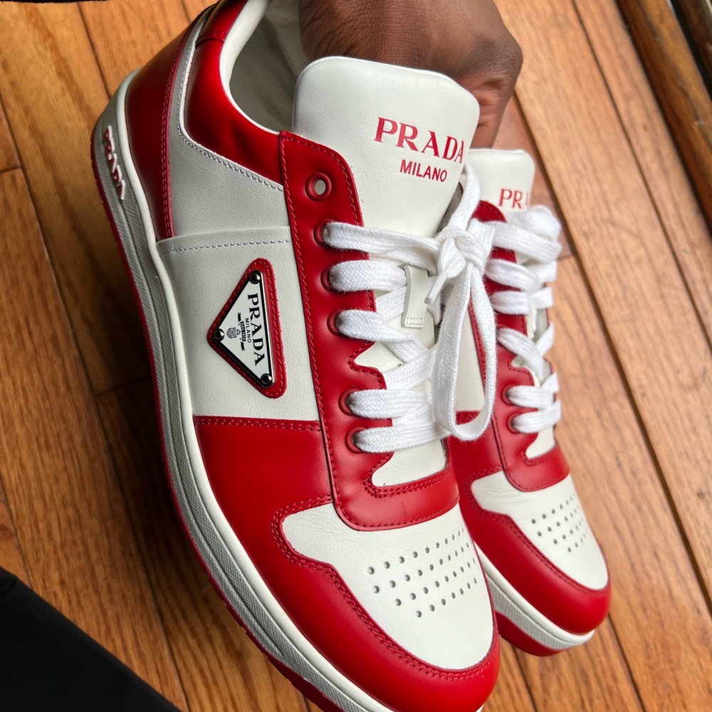 Prada Red and White Sneakers Classic Low-Top Design